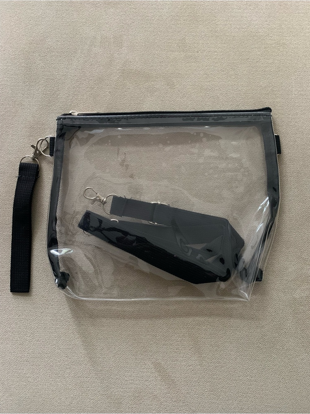 Clear Black Trim Crossbody Pouch with Detachable Strap
Note:  3 bags for 1 price